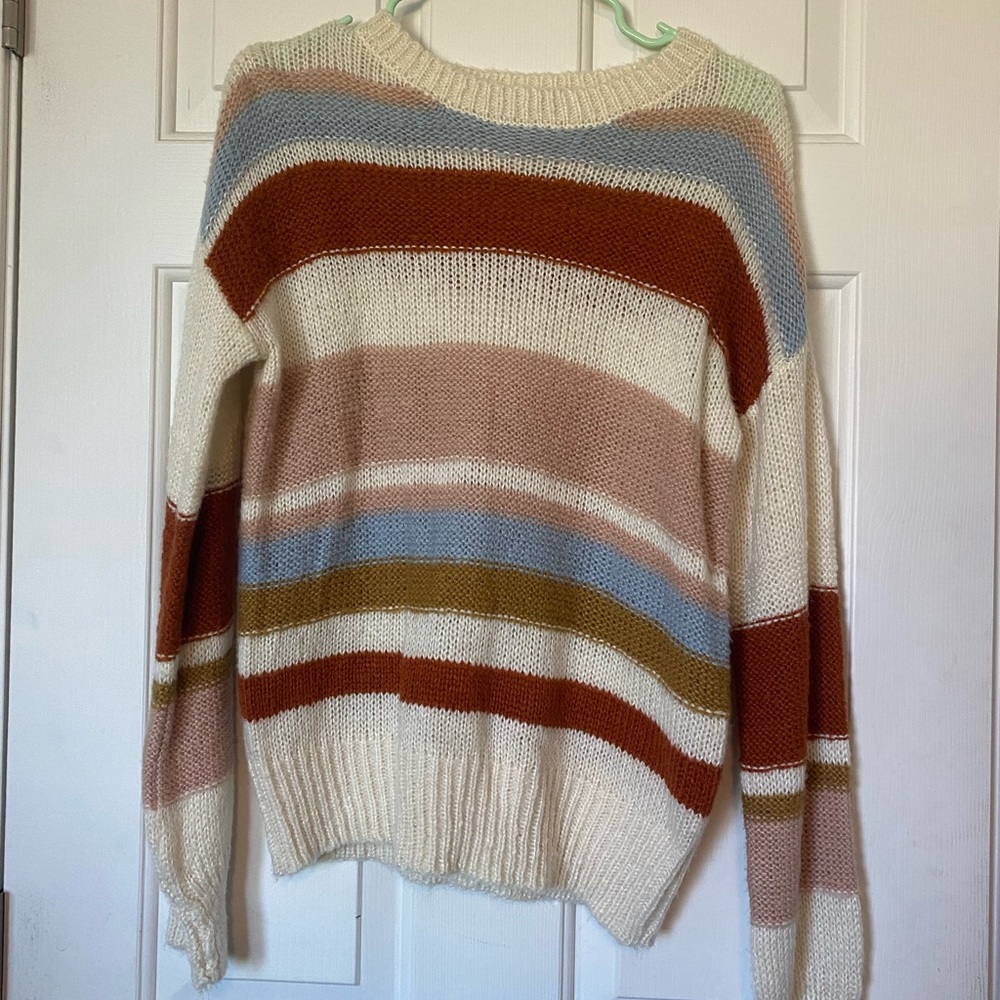 4 COLOR STRIPED PASTEL NATURAL EARTH TONE CROCHET SWEATER MEDIUM